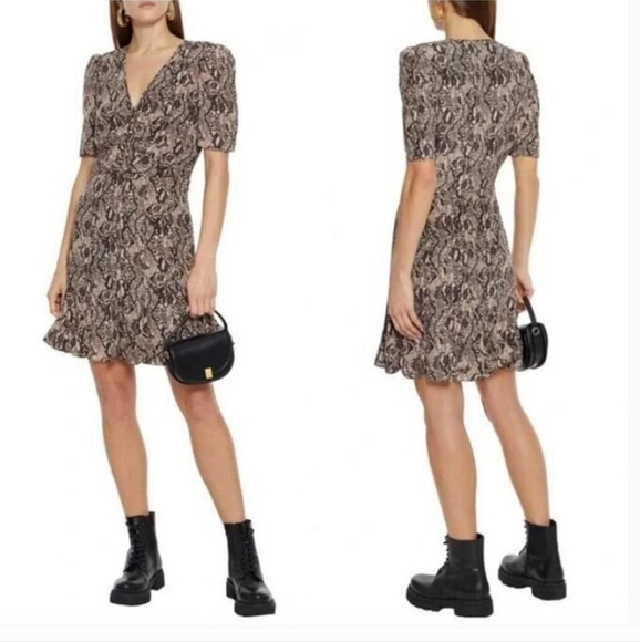 VERONICA BEARD Ried Short Sleeve VNeck Ruffle Hem Silk Dress Sz 6 Snake Print - Picture 2 of 11